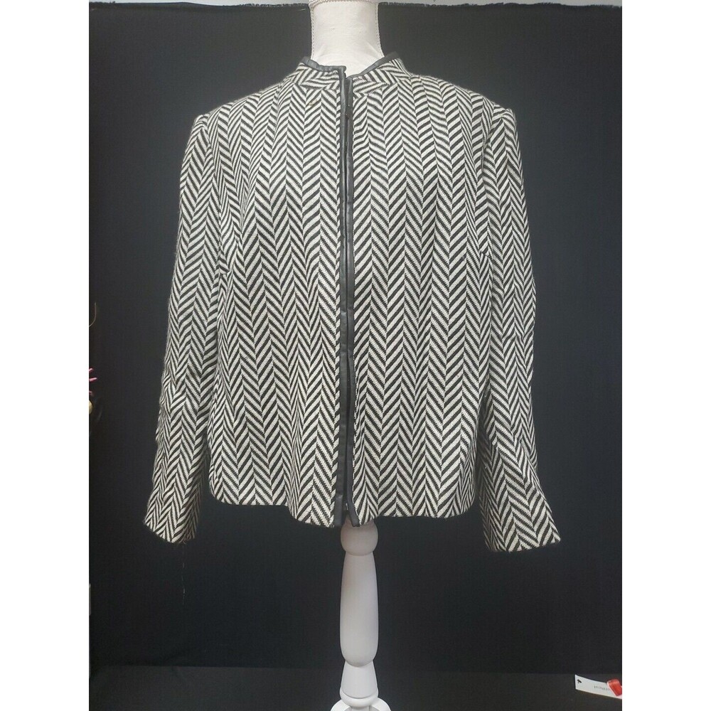 Oscar De La Renta Wool Black & White Chevron Zip Coat Jacket Size 18W Vintage